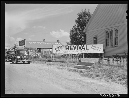 Banner advertising revival meeting in front of church near Lawrenceburg, Kentucky