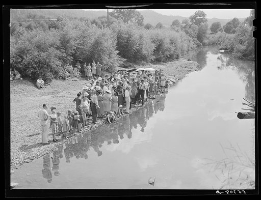 Untitled photo, possibly related to: Members of the Primitive Baptist Church in Morehead, Kentucky, attending a creek baptizing by submersion
