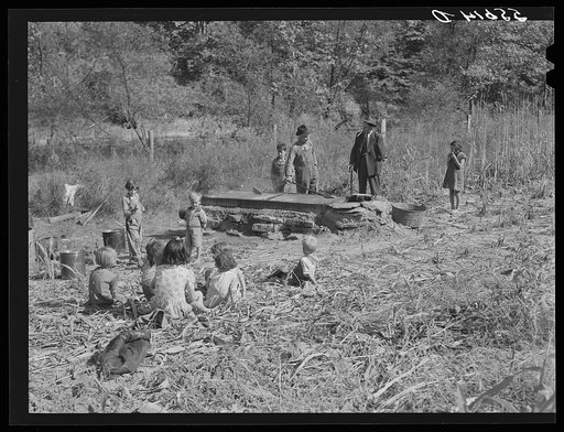 Homebuilt boiler pit made of mud and rocks where the sap from the sorghum cane is boiled down to the syrup. The man who does the cooking goes from one farm house to another and takes a share of the syrup for his work at the different mountaineers' homes in Breathitt County, Kentucky