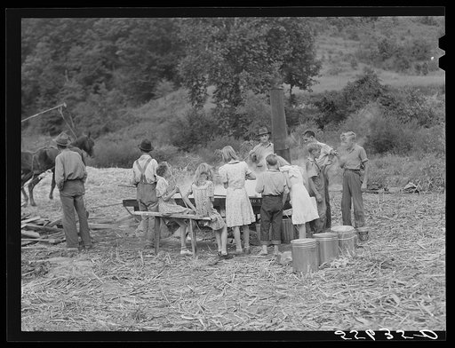 In the early fall during "syrupping off" time many children stay home from school to eat the freshly boiled down sorghum cane syrup. The cook usually goes to the various farms in the neighborhood and for his work takes a share of the syrup. On the highway between Jackson and Campton, Kentucky