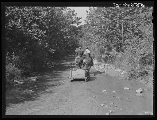 Sled in which mountaineers usually haul their coal and wood up the creek beds to their homes. In many sections these are the only roads and no cars can reach them. Breathitt County, Kentucky. Middle Fork of Kentucky River