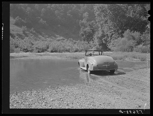 Car fording creek up Morris Fork of the Kentucky River. Kentucky