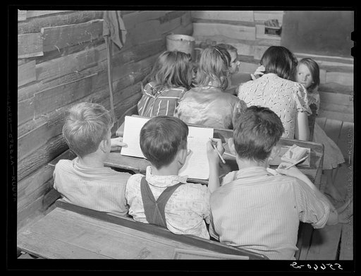 One-room schoolhouse showing overcrowded conditions and need for repairs and equipment. Breathitt County, Kentucky