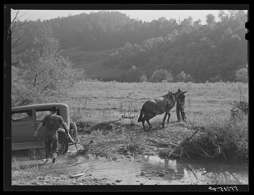 Mountaineers trying to pull the car out of the creek with a mule. South Fork of the Kentucky River. Breathitt County