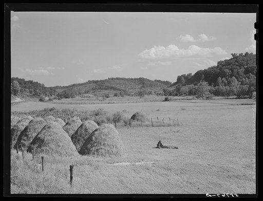 General landscape with haystacks on highway between Jackson and Campton, Kentucky