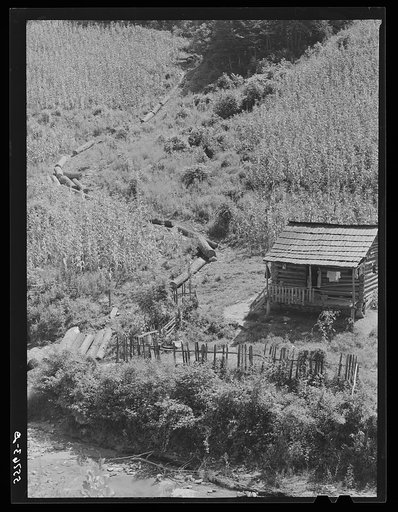 Old mountain cabin made of hand hewn logs with added extra room usually used for kitchen. Note bridge crossing creek and corn on hillsides. Near Jackson, Breathitt County, Kentucky