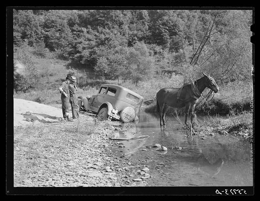 Cars attempting to go up the creek beds often must be hauled out by mules, the best and most common means of transportation in some mountain sections of Breathitt County, Kentucky. Up South Fork of Kentucky River