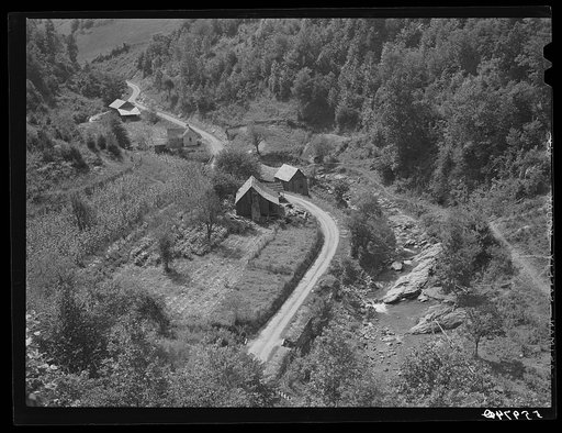 Mountain homes along creek showing tobacco patch and corn field in Eastern Kentucky