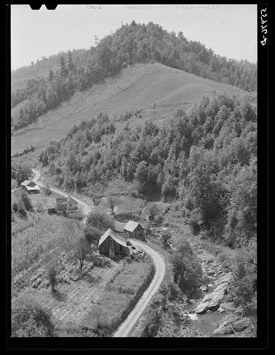 Mountain homes along creek showing tobacco patch and corn field in Eastern Kentucky