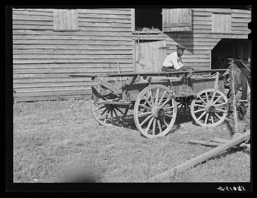 Untitled photo, possibly related to: Negro helper with wagon in front of J.V. Harris' barn, nine miles south of Chapel Hill on Highway 15. Chatham County, North Carolina