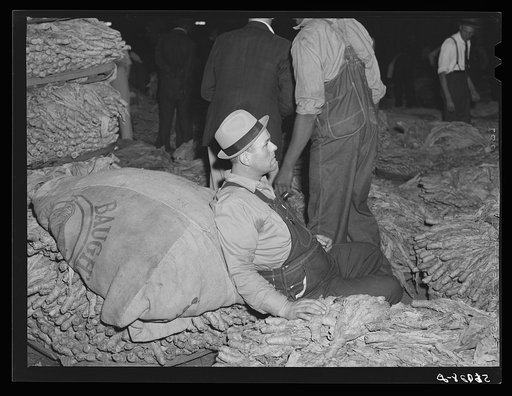 Farmer waiting to sell his tobacco at auction in warehouse. Danville, Virginia