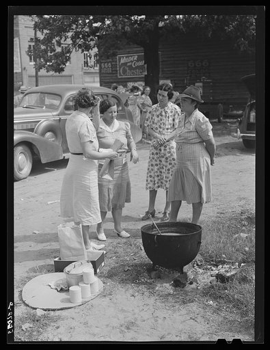 Parent Teachers Association of Prospect Hill, Caswell County, serving and selling Brunswick stew dinner in Mebane, North Carolina, on opening day of tobacco market to raise money for a new gymnasium for the Prospect Hill consolidated school in Caswell County
