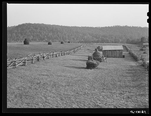 Untitled photo, possibly related to: Haystacks and split rail fence near Marion, Virginia
