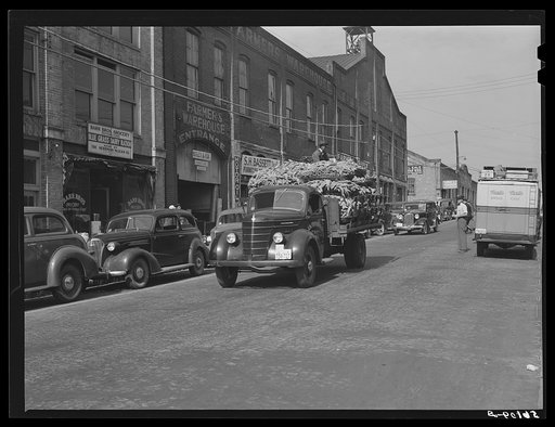 Untitled photo, possibly related to: Transporting tobacco from warehouse after auction sale to the cigarette factories and storage warehouse. Danville, Virginia