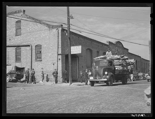 Transporting tobacco from warehouse after auction sale to the cigarette factories and storage warehouses. Danville, Virginia