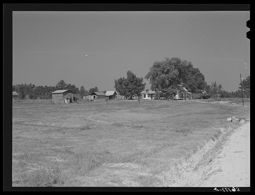 Farmhouse, tobacco barns and packhouses, mowed hayfield in foreground. North of Bells on road to Farrington. Chatham County, North Carolina