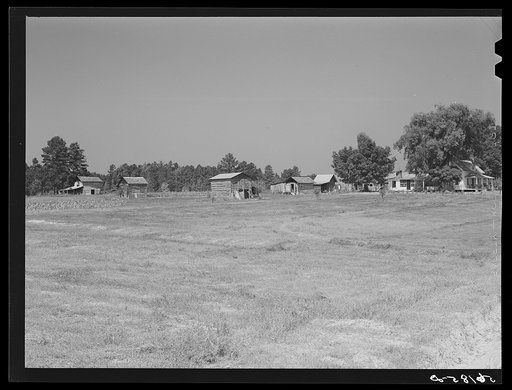 Untitled photo, possibly related to: Farmhouse, tobacco barns and packhouses, mowed hayfield in foreground, North of Bells on road to Farrington. Chatham County, North Carolina