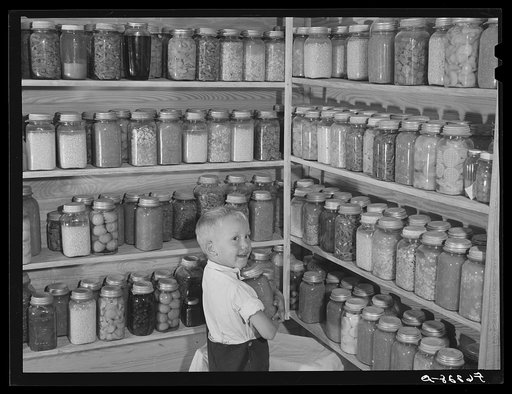Bobby Willis, son of W.H. Willis, FSA (Farm Security Administration) borrower, getting some of their canned goods off the shelves his father built in their home near Yanceyville, North Carolina