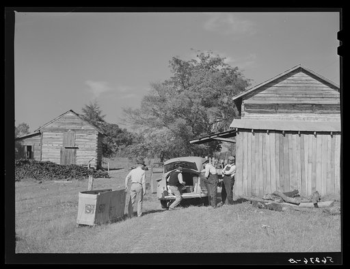 Peddler who come to tobacco farm on Emery Hooper's farm to sell them some meat. Corbett Ridge section near Prospect Hill. Caswell County, North Carolina