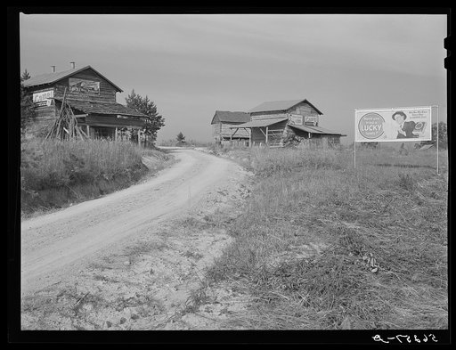 Tobacco barns and cigarette advertisements on country road in Prospect Hill section. Caswell County, North Carolina