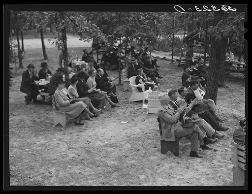 Citizens of Caswell County listening to speakers after a picnic and barbecue at the CCC (Civilian Conservation Corps) camp. They had just attended a county land use planning meeting in the courthouse in Yanceyville, North Carolina