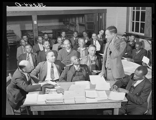 Negro group meeting of the county land use planning committee in the schoolhouse in Yanceyville, Caswell County, North Carolina. J.E. Brown, leading farmer, elected chairman and also Negro member of Caswell County planning commission