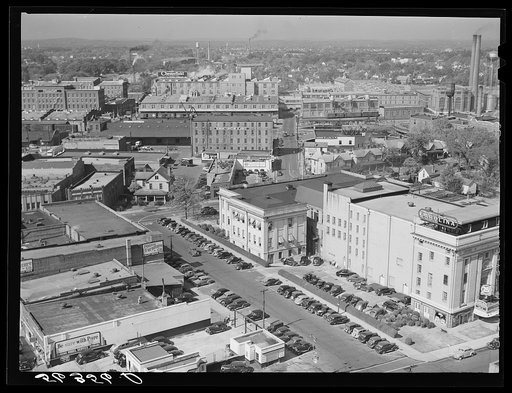 Untitled photo, possibly related to: Center of city, with Chesterfield cigarette factory in background. Durham, North Carolina