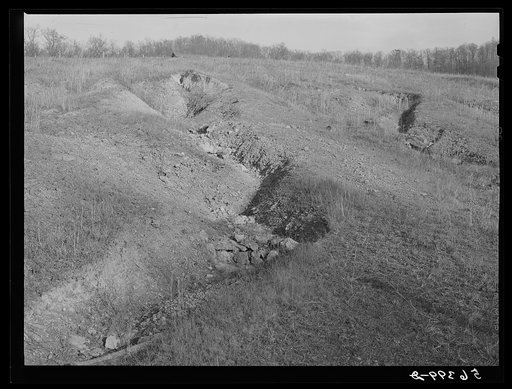 Gullies on eroded hillside near Dut Calleb's farm. Southern Appalachian Project near Barbourville, Knox County, Kentucky