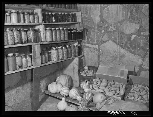 S.H. Castle's vegetables and canned goods raised on his farm in his new storage house. Southern Appalachian Project near Barbourville, Knox County, Kentucky