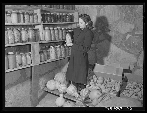 Untitled photo, possibly related to: S.H. Castle's vegetables and canned goods raised on his farm in his new storage house. Southern Appalachian Project near Barbourville, Knox County, Kentucky