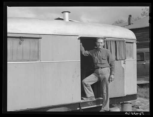 Mr. Luigi De Angelis, who works in Belair Construction job building defense housing project. He came from Lexington, Virginia and lives alone in trailer and pays two dollars a week for space and electricity in yard of local boarding house on highway near Fort Benning, Georgia
