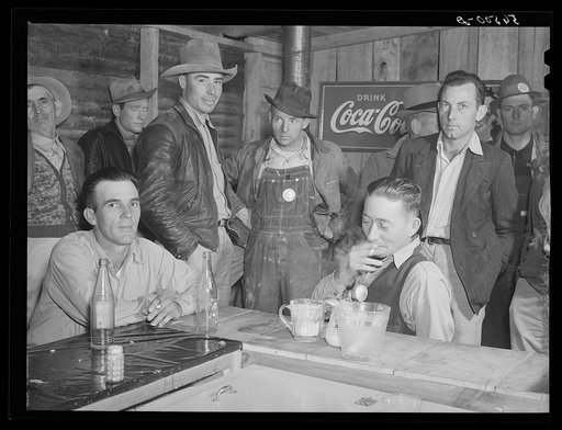 Construction workers from Camp Livingston eating and hanging around new cafe by entrance of camp. Alexandria, Louisiana