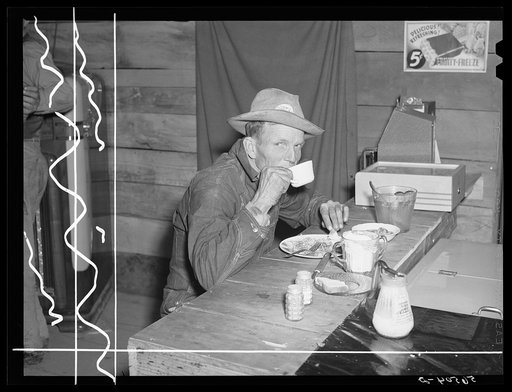 Construction worker from Camp Livingston eating in new cafe by entrance of camp. Alexandria, Louisiana