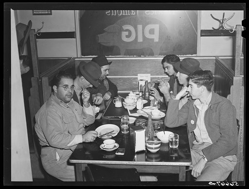 Untitled photo, possibly related to: Construction workers eating in cafe in Alexandria; they say food is up at least one third. Often prices doubled for meals