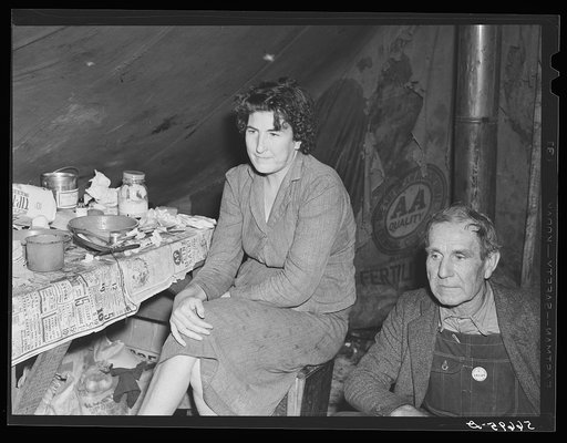 Ten men, two women and two children live in this tent home. Alexandria, Louisiana. The men are construction workers at Camp Livingston