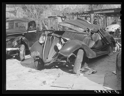 Wrecked car of construction worker. Starke, Florida