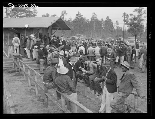 Carpenters and construction workers waiting outside Florida state employment office trying to get jobs on Camp Blanding. Starke, Florida