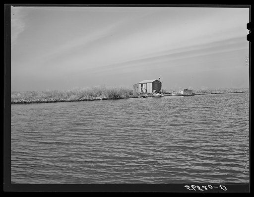 Spanish trapper's camp in the marshes. In the small "piroque" (or canoe) he can go up the very narrow and shallow bayous; the large boat he uses for fishing, going to the island to sell his muskrat pelts, and bring back supplies. Delacroix Island, Saint Bernard Parish, Louisiana