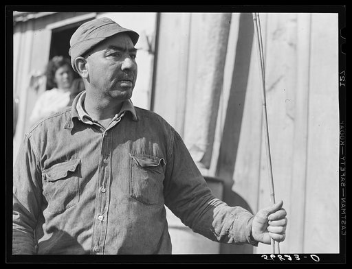 Spanish muskrat trapper by his marsh camp with reeds in his hand. These reeds are used to mark location of traps. Delacroix Island, Saint Bernard Parish, Louisiana