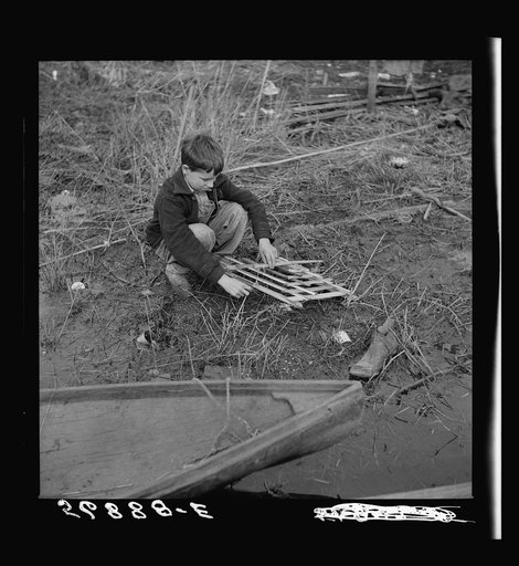 Spanish trapper's son setting the trap which he made to catch birds by his camp in the marshes near Delacroix Island, Louisiana