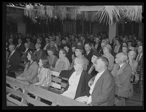 Congregation attending Sunday church services. Sarasota trailer park, Sarasota, Florida