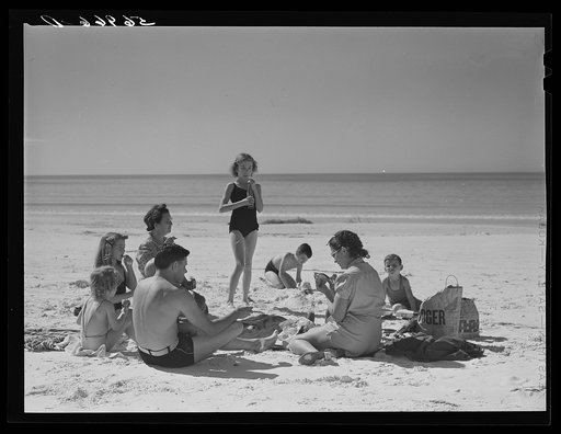 Members of Sarasota trailer park, Sarasota, Florida, picnicking at the beach