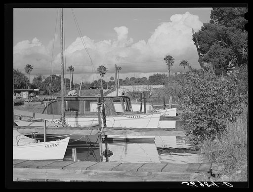 Fishing boats moored at docks. Sarasota trailer park, Sarasota, Florida