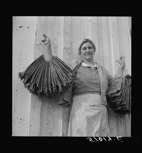 Spanish trapper's wife holding dried muskrat skins iIn front of their camp in the marshes near Delacroix Island, Louisiana