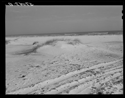Sand dunes and water in gulf along highway near Pensacola, Florida