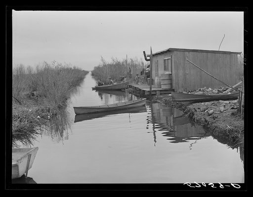 Untitled photo, possibly related to: Spanish muskrat trapper's camp with home built piroques (canoes) on the bayou in the marshes near Delacroix Island, Louisiana