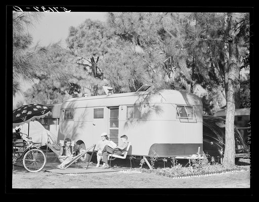 Untitled photo, possibly related to: Guests of Sarasota trailer park outside their trailer home. Sarasota, Florida