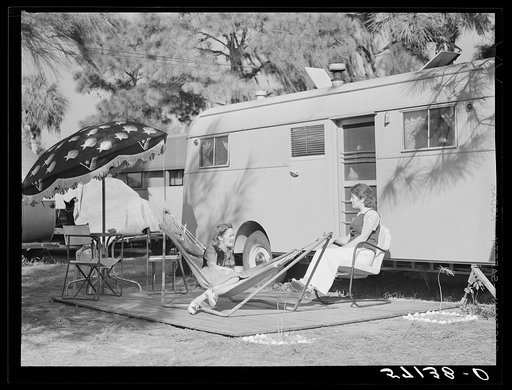Guests of Sarasota trailer park outside their trailer home. Sarasota, Florida