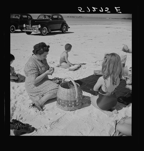 Untitled photo, possibly related to:  Title: Guests of Sarasota trailer park, Sarasota, Florida, picnicking at the beach with their family and neighbor's children