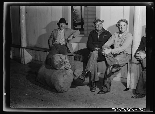 Untitled photo, possibly related to: Fur buyers grading muskrats at auction sale in dance hall in Delacroix Island, Louisiana